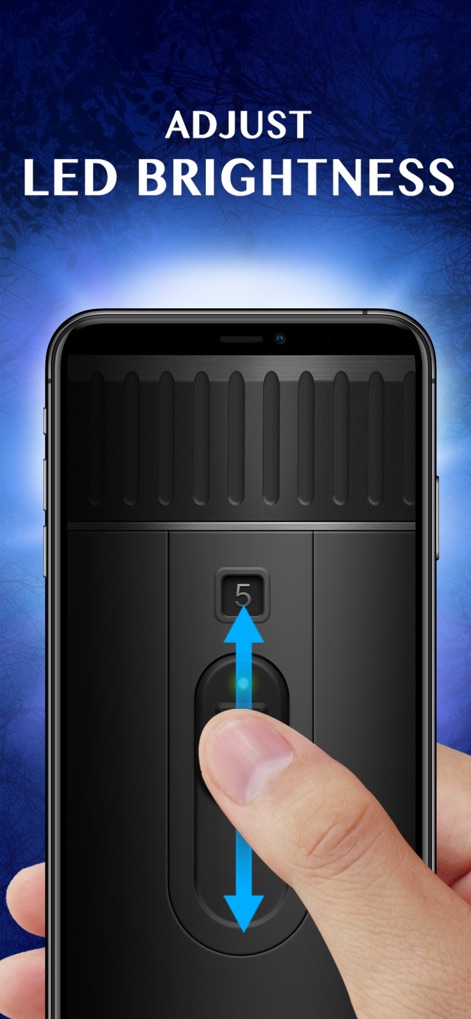 Flashlight ¤ - L'app permette la regolazione della luminosità del LED tramite un intuitivo scorrimento verticale, evidenziato dalle frecce blu. La visualizzazione numerica '5' nel display superiore conferma il livello di intensità selezionato.