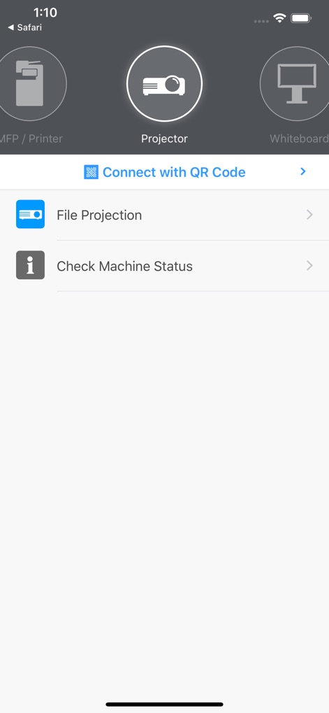 RICOH Smart Device Connector - Discover the app's capabilities for presentation and collaboration, featuring direct selection of 'Projector' and 'Whiteboard' devices, alongside the streamlined 'File Projection' option for sharing content effortlessly.