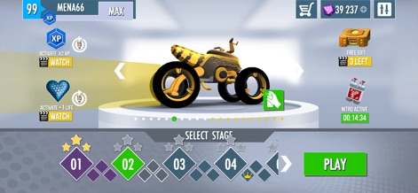 Gravity Rider Zero - This screen illustrates the clear progression pathways, featuring a distinctive yellow and black ATV and the intuitive stage selection display.