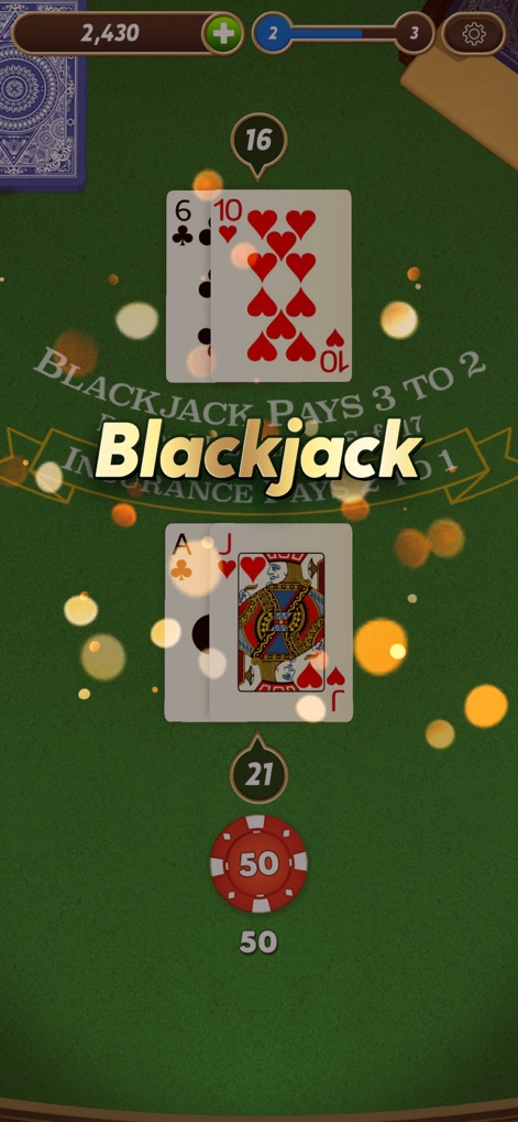 Blackjack - プレイヤーがブラックジャックを達成した際の「Blackjack」の文字と、それを祝う華やかな光のエフェクトがゲームの興奮を伝えています。