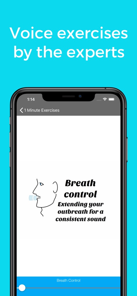 One Minute Voice WarmUp - Die App präsentiert die 'Breath Control'-Sektion mit einer klaren Illustration des Atemvorgangs und einem interaktiven Fortschrittsbalken am unteren Bildschirmrand.