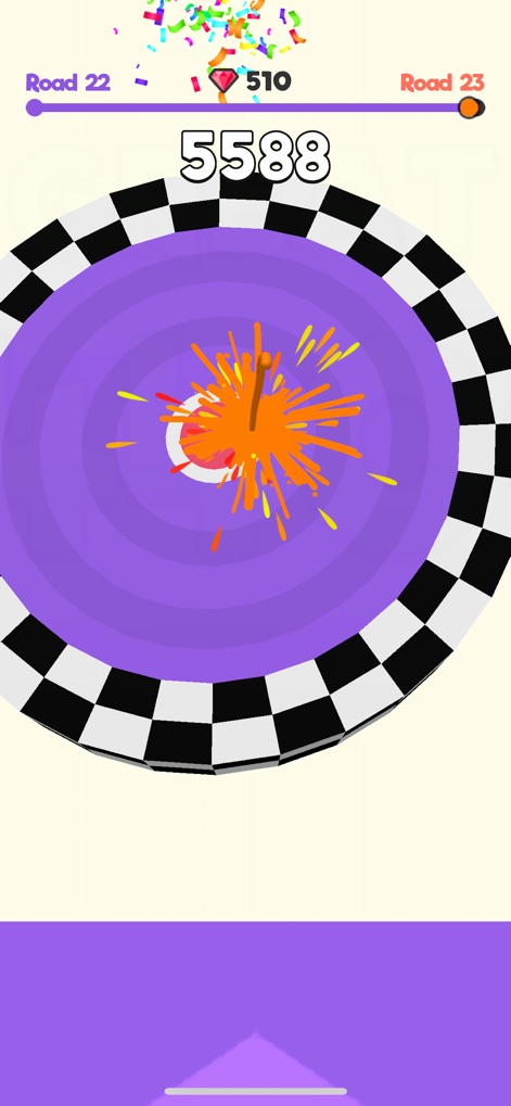 Slime Road - Witness the satisfying explosion effect upon hitting the bullseye target, indicating successful completion of a challenging road segment.
