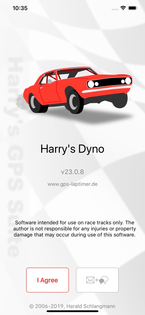 Harry's Dyno - Users are greeted by the app's iconic red car graphic and the important disclaimer, setting the stage for serious performance tracking.