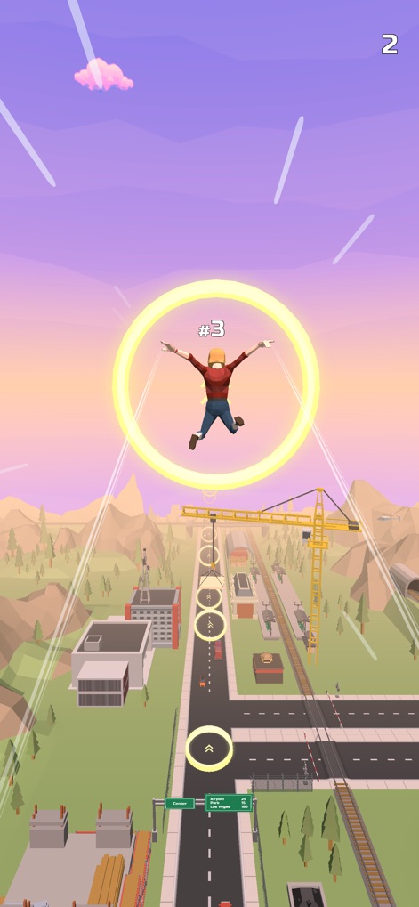 Swing Rider! - Players navigate through dynamic obstacles like glowing rings, demonstrating the engaging mid-air swinging mechanics and diverse urban backdrops.