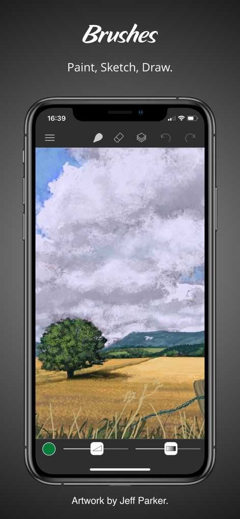 Brushes - Discover the clean and modern user interface, showcasing an active painting canvas with intuitive tools at the top.
