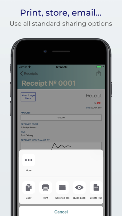Receipts: create, print & mail Screenshot