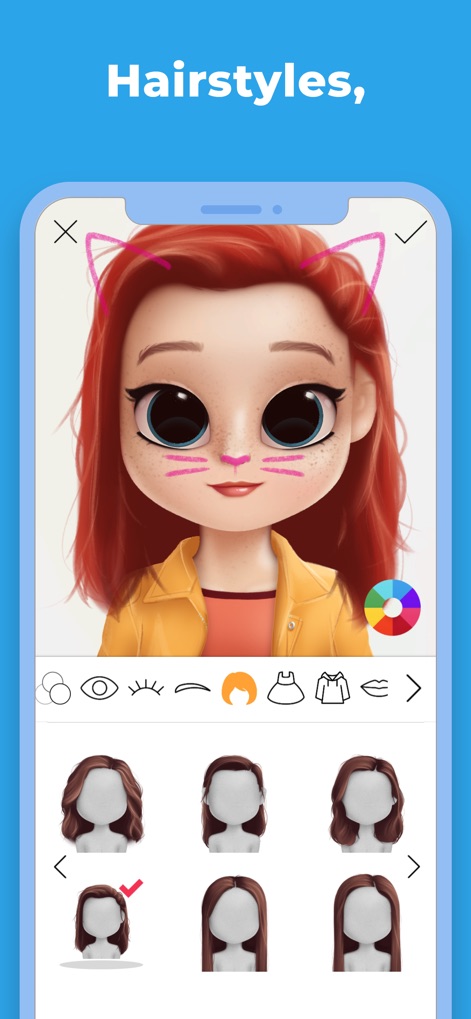Dollify - La aplicación ofrece una amplia selección de peinados personalizables, permitiendo a los usuarios elegir entre múltiples opciones de corte y alterar el color con facilidad mediante la rueda cromática.