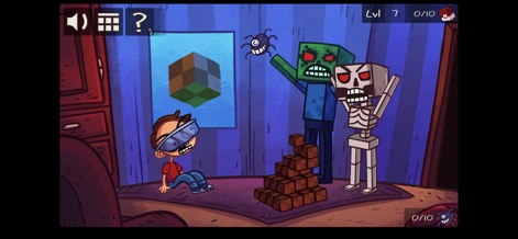 Troll Face Quest Video Games - The app immerses users in scenarios parodying iconic sandbox games, featuring block-headed creatures and a child experiencing virtual reality, creating a humorous puzzle setting.