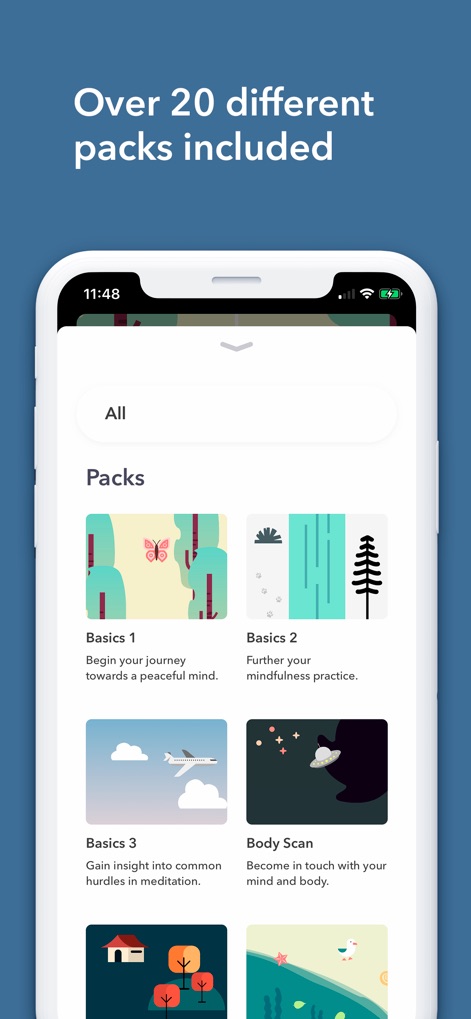 Present - Guided Meditation - This tool categorizes meditations into diverse "Packs," such as "Basics 1" for beginners and a focused "Body Scan," each with a unique visual icon and descriptive text.