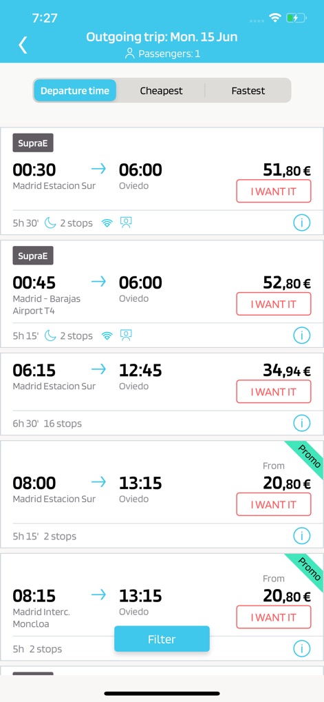 Alsa: Buy coach tickets - Los viajeros pueden visualizar una lista de resultados con horarios y precios variados, y tienen la opción de aplicar filtros para ordenar por 'Departure time' o 'Cheapest'.