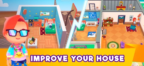 Idle Life Sim - Simulator Game - The app showcases home progression, allowing users to transform a cozy, modest room into an expansive, multi-room mansion filled with personalized furnishings.