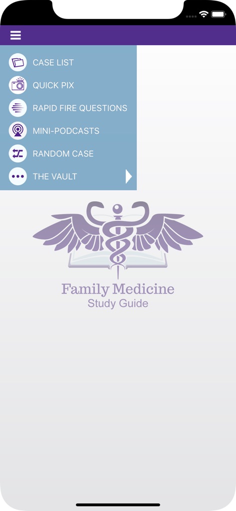 Family Medicine Study Guide - 이 앱은 간결한 햄버거 메뉴 아이콘을 통해 'CASE LIST' 및 'MINI-PODCASTS'와 같은 주요 학습 모듈에 대한 손쉬운 탐색을 제공합니다.