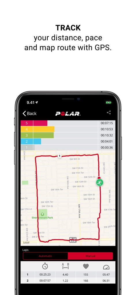 Polar Beat: Running & Fitness - Esta tela oferece rastreamento detalhado da rota via GPS, exibindo um mapa da corrida e dados por volta, incluindo o tempo e a distância.
