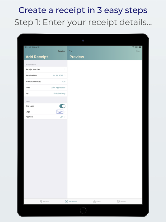 Receipts: create, print & mail iPad screenshot 1 - Business app