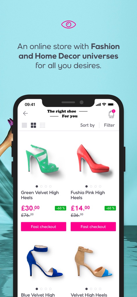 Veepee by vente-privee outlet - Les utilisateurs peuvent parcourir des listes de produits détaillées, telles que les "Green Velvet High Heels" et les "Fushia Pink High Heels", et affiner leur sélection grâce aux fonctions de "Sort by" et "Filter".