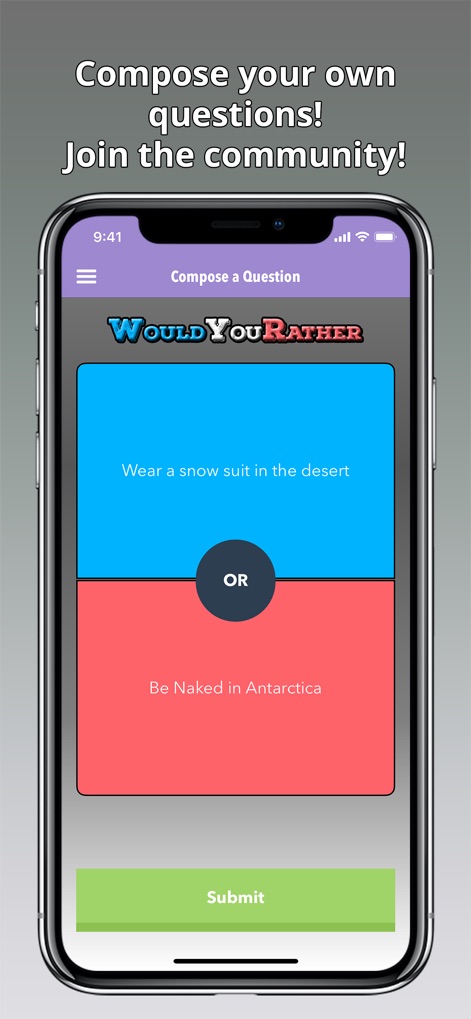 Would You Rather? Viral Game - This tool empowers users to generate their own thought-provoking questions by inputting two unique options and submitting them to the community via the "Submit" button.