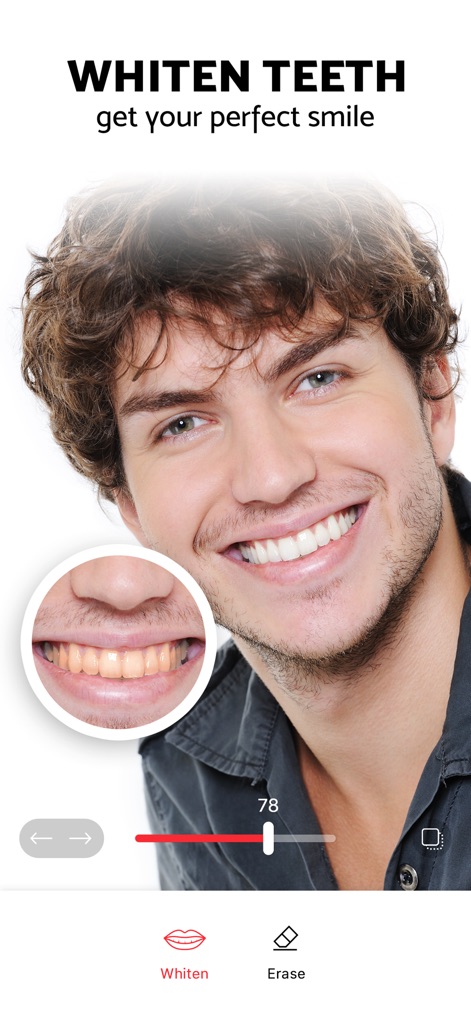 Pixl: Face & Red Eye Corrector - このアプリは、調整スライダーを使用して歯のホワイトニング効果を調整し、ユーザーは魅力的な笑顔を簡単に実現できます。