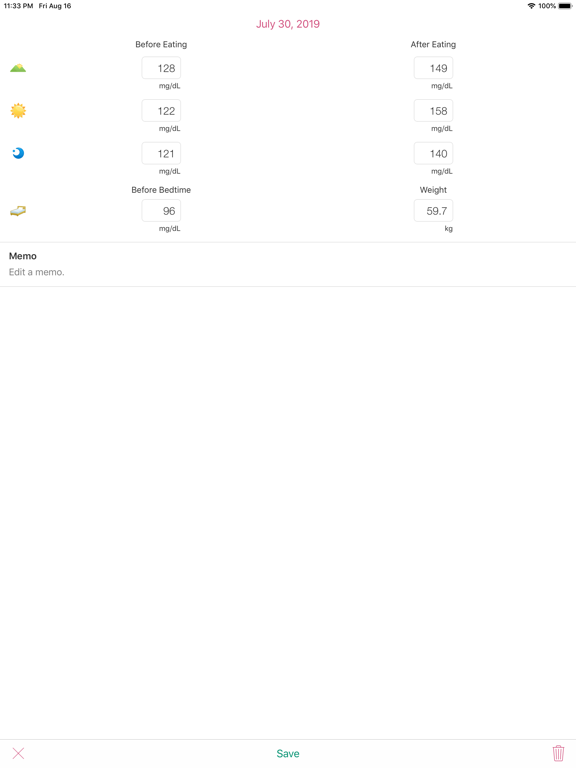 Simple Blood Glucose Note iPad screenshot 2 - Medical app