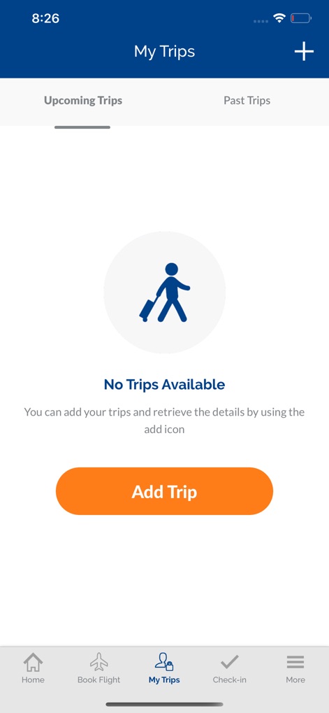 Smartwings - Im Bereich 'My Trips' werden zukünftige und vergangene Reisen übersichtlich dargestellt, wobei ein 'Add Trip'-Button das Hinzufügen neuer Reisepläne ermöglicht.