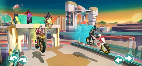 Gravity Rider - 多様なデザインのバイクに乗った複数のライダーたちが、未来的な構造を持つスタート地点で競い合う準備をしており、スリリングなレースの始まりを予感させます。