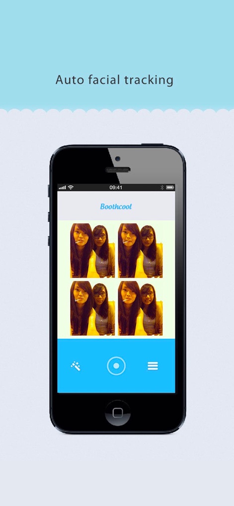 BoothCool - Heart Effects - Experience the precision of the app's facial tracking technology, seamlessly applying expressive animation effects like 'Smoking' within the classic 4-up photo strip format, controlled by a clear capture interface.
