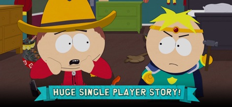 South Park: Phone Destroyer™ - The app reveals key characters like Cowboy Cartman and Butters in a narrative scene, emphasizing the hilarious single-player story mode and its engaging character interactions.