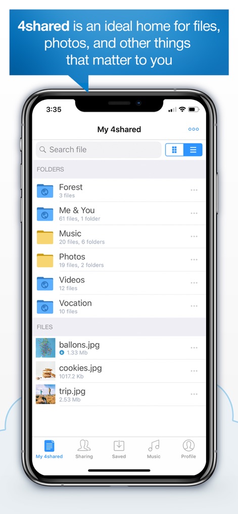 4shared Mobile - Examine the app's advanced file management capabilities through its hierarchical folder structure and intuitive bottom navigation bar, offering organized access to all digital assets.