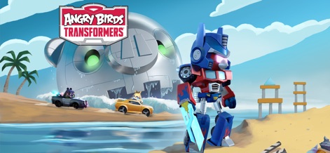 Angry Birds Transformers - A tela inicial destaca o vibrante logotipo do jogo, posicionando o carismático Optimus Prime em um cenário de praia, pronto para a aventura épica.