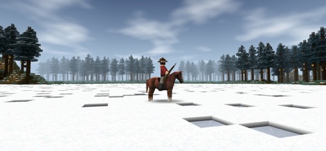 Survivalcraft 2 - This app provides various modes of transport, allowing players to ride horses across vast snowy plains surrounded by dense conifer forests.