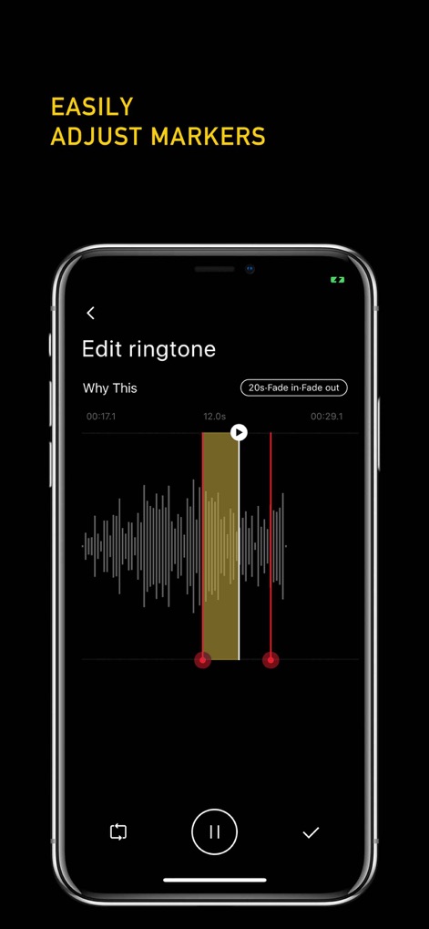 Ringtone Maker + - Fine-tune ringtone segments with exceptional precision, showing the easily adjustable red start and end markers on the waveform and the playback control.