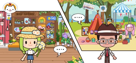 Miga Town:Apartment - Los usuarios pueden explorar variados entornos comerciales, como la floristería "MIGA GARDEN" llena de plantas, y disfrutar de espacios recreativos vibrantes, como el mercadillo al aire libre con su tienda de campaña y puestos de venta.