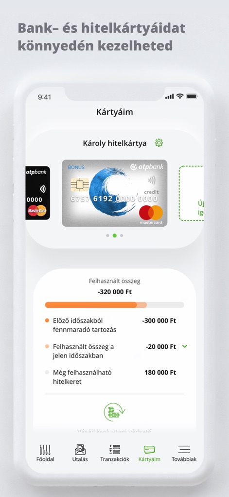 OTP Bank HU - This tool enables users to efficiently manage their bank cards, displaying both the outstanding debt and their available credit limit for clear financial control.