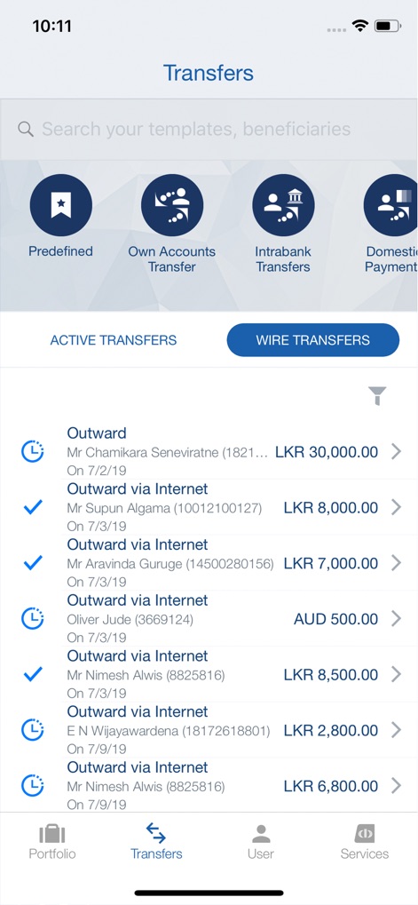 ComBank Digital - This screen offers a detailed overview of transfer activities, allowing users to navigate between 'ACTIVE TRANSFERS' and 'WIRE TRANSFERS' and review individual transaction statuses with clear date and amount details.