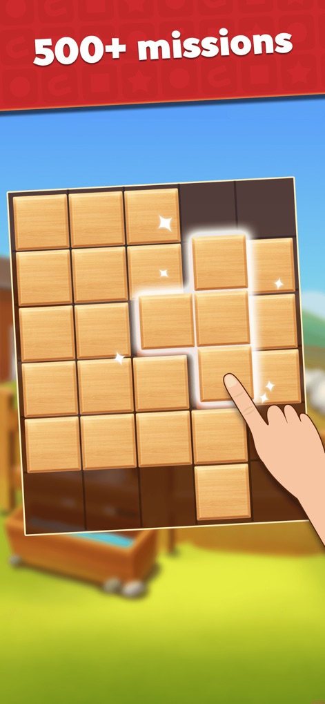 My Block Puzzle - This screenshot showcases the expansive 500+ missions available, offering diverse challenge objectives across varied block grid layouts.
