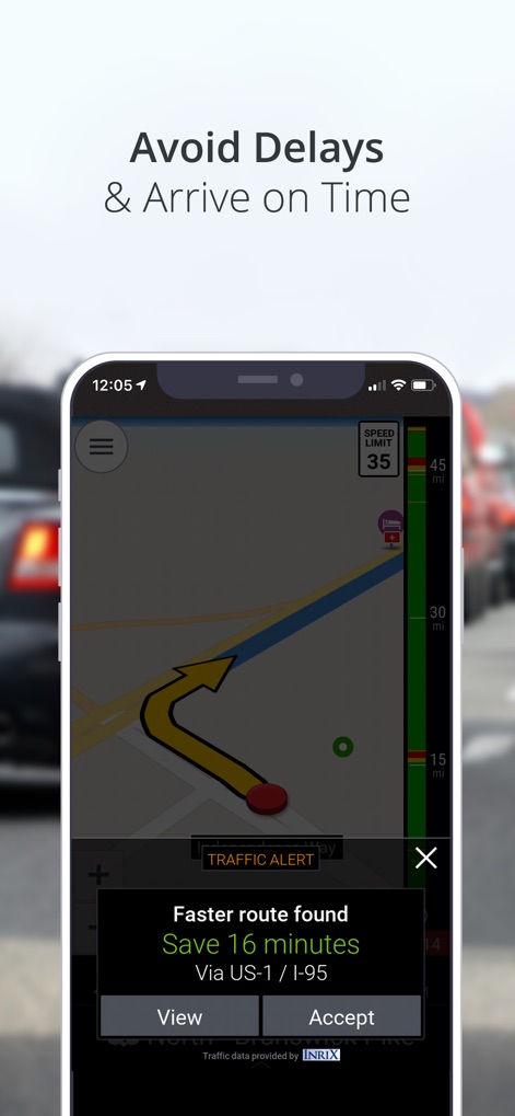 CoPilot GPS Navigation - Esta herramienta mantiene a los usuarios informados sobre el tráfico con alertas en tiempo real y sugiere rutas alternativas que pueden ahorrar tiempo, como se ve en la opción de "Guardar 16 minutos".