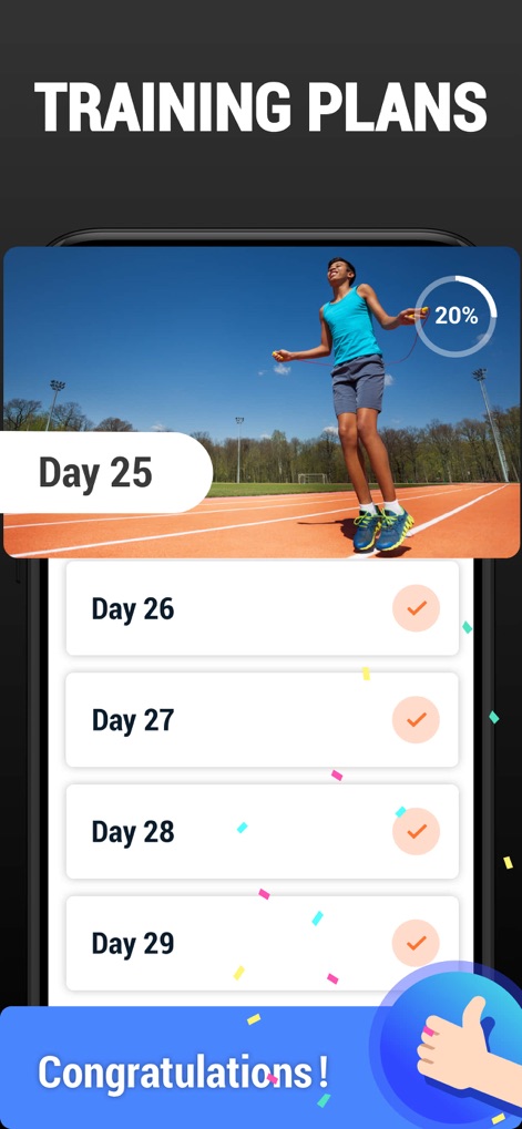 Teen Workout & Meal Plan - Users can diligently follow their "TRAINING PLANS" by tracking daily progress with completed "Day" tasks, and receive motivating "Congratulations!" upon reaching significant milestones.