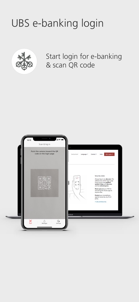 UBS Access – secure login - The app offers a swift e-banking login process, where users scan a QR code from the login page using their device.