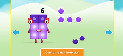 Meet the Numberblocks! - Users can engage with the purple Numberblock '6' and practice foundational counting skills by tapping on the six cheerful Numberblobs.