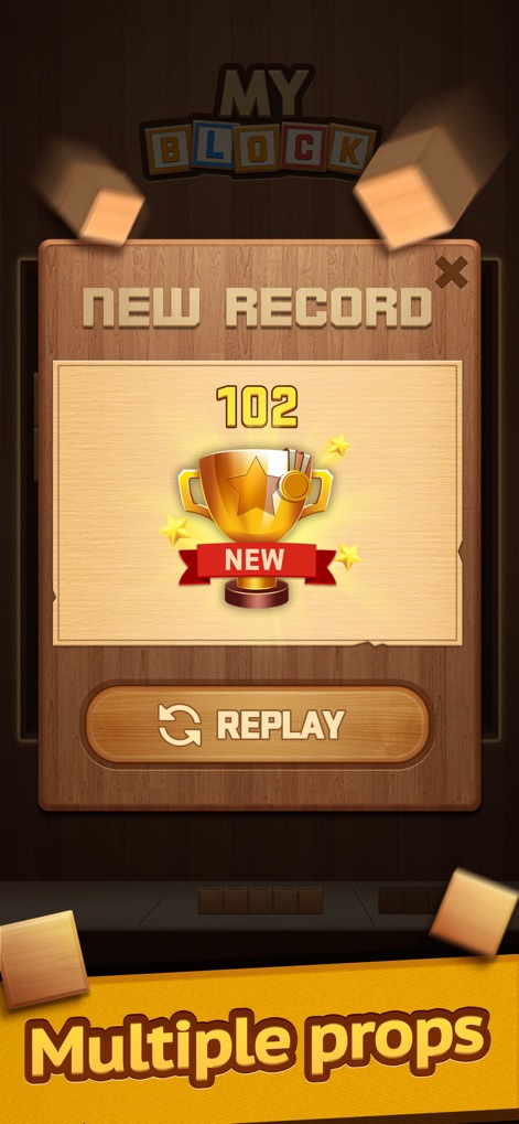 My Block Puzzle - The app clearly displays user achievements with a "NEW RECORD" popup and offers a convenient replay option for continuous self-improvement.
