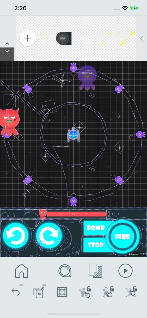 Springin' - L'espace de création permet d'intégrer des objets interactifs comme des monstres et des contrôles d'action personnalisables tels que 'FIRE' et 'BOMB' pour une expérience de jeu dynamique.