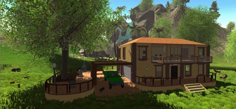 Ocean Is Home: Survival Island - Players can observe the impressive multi-story house structure and the parked green pickup truck, demonstrating advanced building and transportation options.