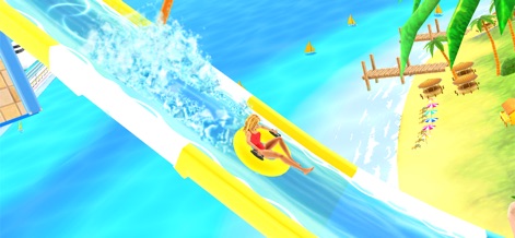 Uphill Rush Water Park Racing - Experience extreme waterslide surfing thrills as a character slides down a vibrant blue water slide amidst a tropical beach environment.