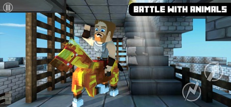 Castle Crafter Survival Craft - Experience the thrill of mounted combat and exploration as characters ride pixelated horses within the secure confines of a multi-level castle interior.