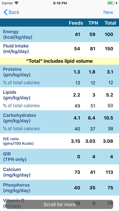 NICU Nutrition Calculator Screenshot