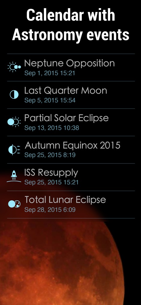 Solar Walk 2 Ads+：The Universe - El calendario integrado muestra una lista de eventos celestes importantes, incluyendo fases lunares y eclipses, facilitando la observación.