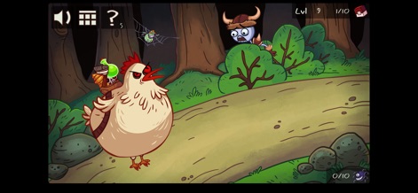 Troll Face Quest Video Games - This level showcases the app's clever parodies of fantasy adventures, where a peculiar potion-carrying chicken navigates a forest while a horned troll lurks stealthily in the background.