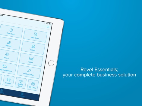 Revel POS - La aplicación consolida funcionalidades críticas en un menú intuitivo, mostrando iconos distintivos para informes y configuración de productos.