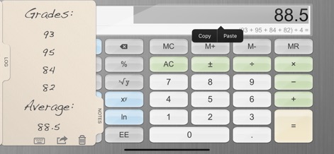 Calculator for iPad! - Discover how the app enhances productivity with its 'Notes Tab', enabling users to jot down handwritten remarks and utilize convenient 'Copy' and 'Paste' functions.