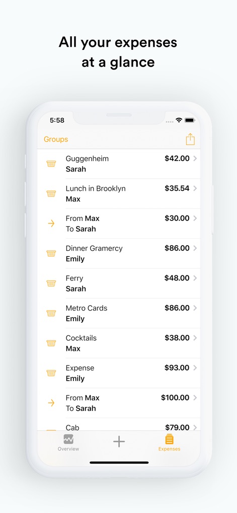 Splid – Split group bills - The app offers a comprehensive view of all shared expenditures, clearly listing each item with its amount like "Guggenheim $42.00", easily accessible via the dedicated "Expenses" tab.