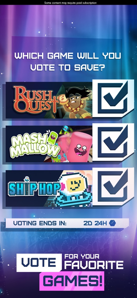 Budge GameTime - Os usuários podem participar ativamente do ciclo de conteúdo, votando em jogos como "Mash Mallow" e "Ship Hop" para que permaneçam disponíveis, ilustrando o engajamento comunitário da plataforma.